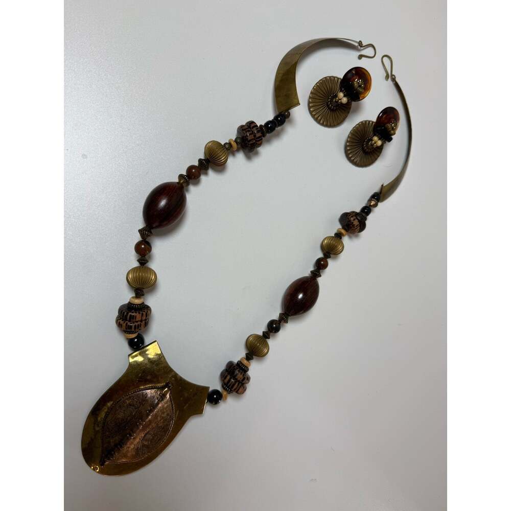 Handmade Brass Wood Statement Necklace Clip Earrings Set Boho Artisan Pendant - Picture 5 of 11